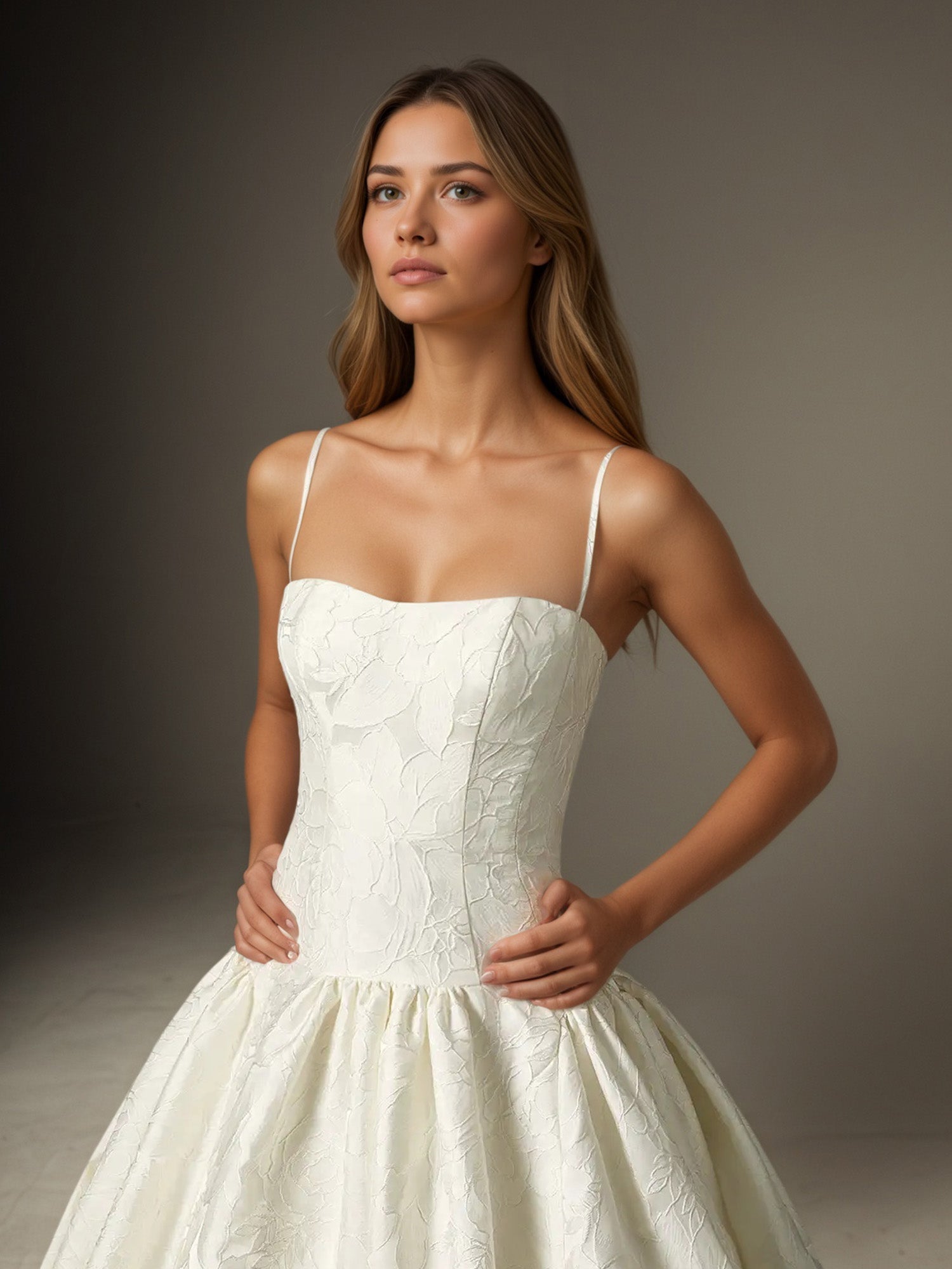 Abito da sposa a gonna ampia bianco senza spalline in jacquard floreale