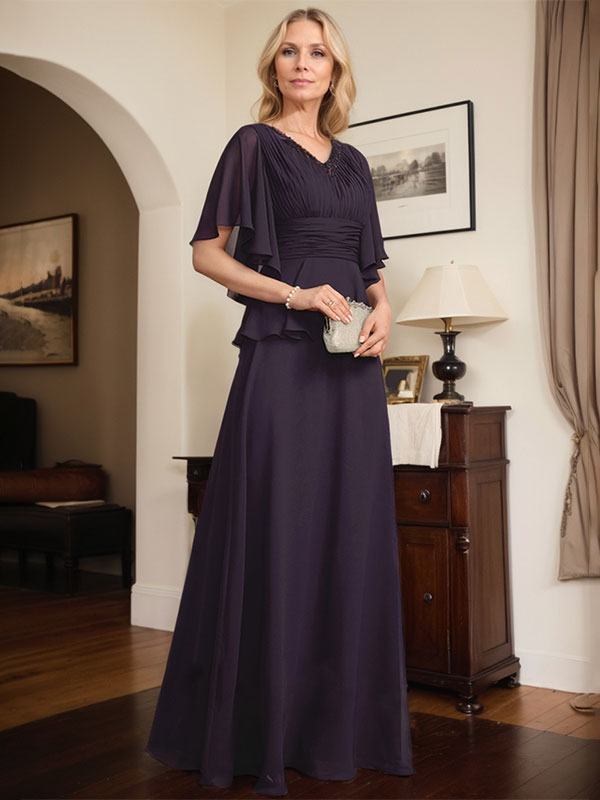 Robe mère de la mariée ligne A en chiffon longue au sol avec décolleté en V et perles plissées