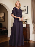 Robe mère de la mariée ligne A en chiffon longue au sol avec décolleté en V et perles plissées