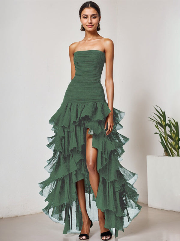 Schickes Dunkelgrünes Trägerloses Tüll Stufiges Langes Festkleid