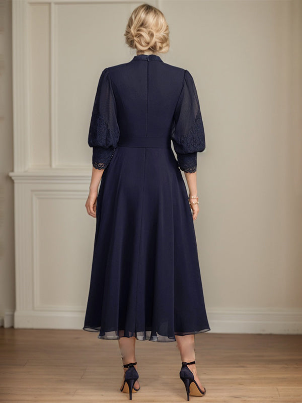 A-Linien Kleid mit hohem Kragen, tea-länge, Spitze und Chiffon, Brautmutterkleid mit Schleife