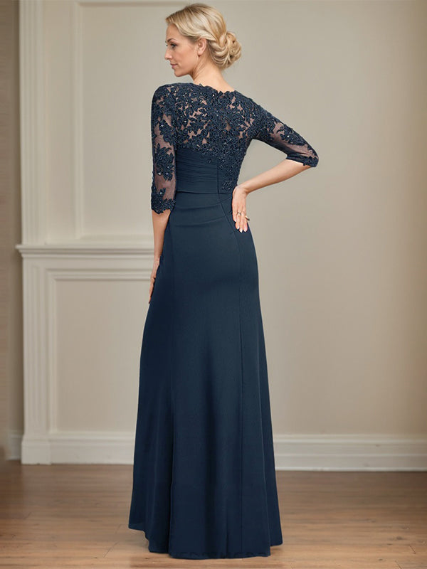 Vestido para madre de la novia en línea A con escote redondo, largo hasta el suelo, gasa, encaje, cuentas, pliegues y lentejuelas