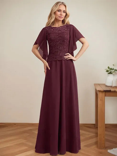 Vestido de mãe da noiva em chiffon e renda com ilusão decote redondo, em linha A, comprimento até o chão com lantejoulas