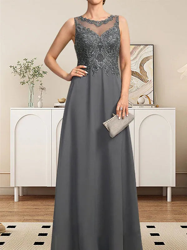 Vestido de madre de la novia de encaje y gasa con ilusión, escote redondo en línea A, largo hasta el suelo con lentejuelas