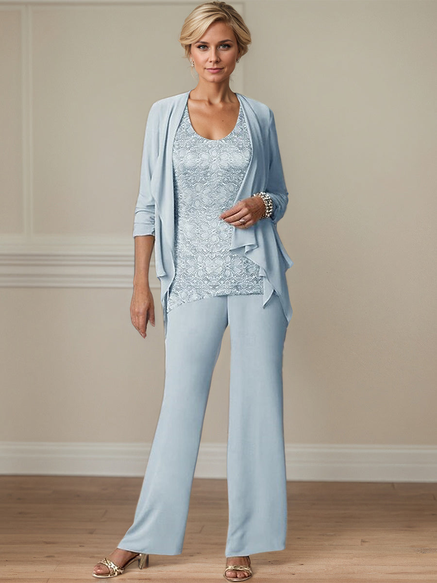 Ensemble pantalon mère de la mariée en mousseline, col rond élégant et longueur cheville
