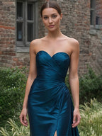 Evening Formal Dress V Neck Blue Silk Ruffles Strapless Maxi Dress