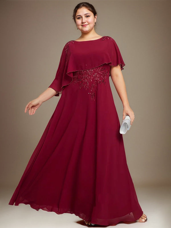 A-Linie Rundhals Bodenlanges Chiffon-Spitzenkleid für die Brautmutter mit Pailletten und Perlen