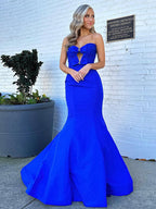 Vestido de Festa Sereia Royal Blue em Cetim, Decote Coração, Longo, com Laço