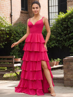 Yellow A Line V-Neck Ruffled Tiered Chiffon Prom Dress with Slit
