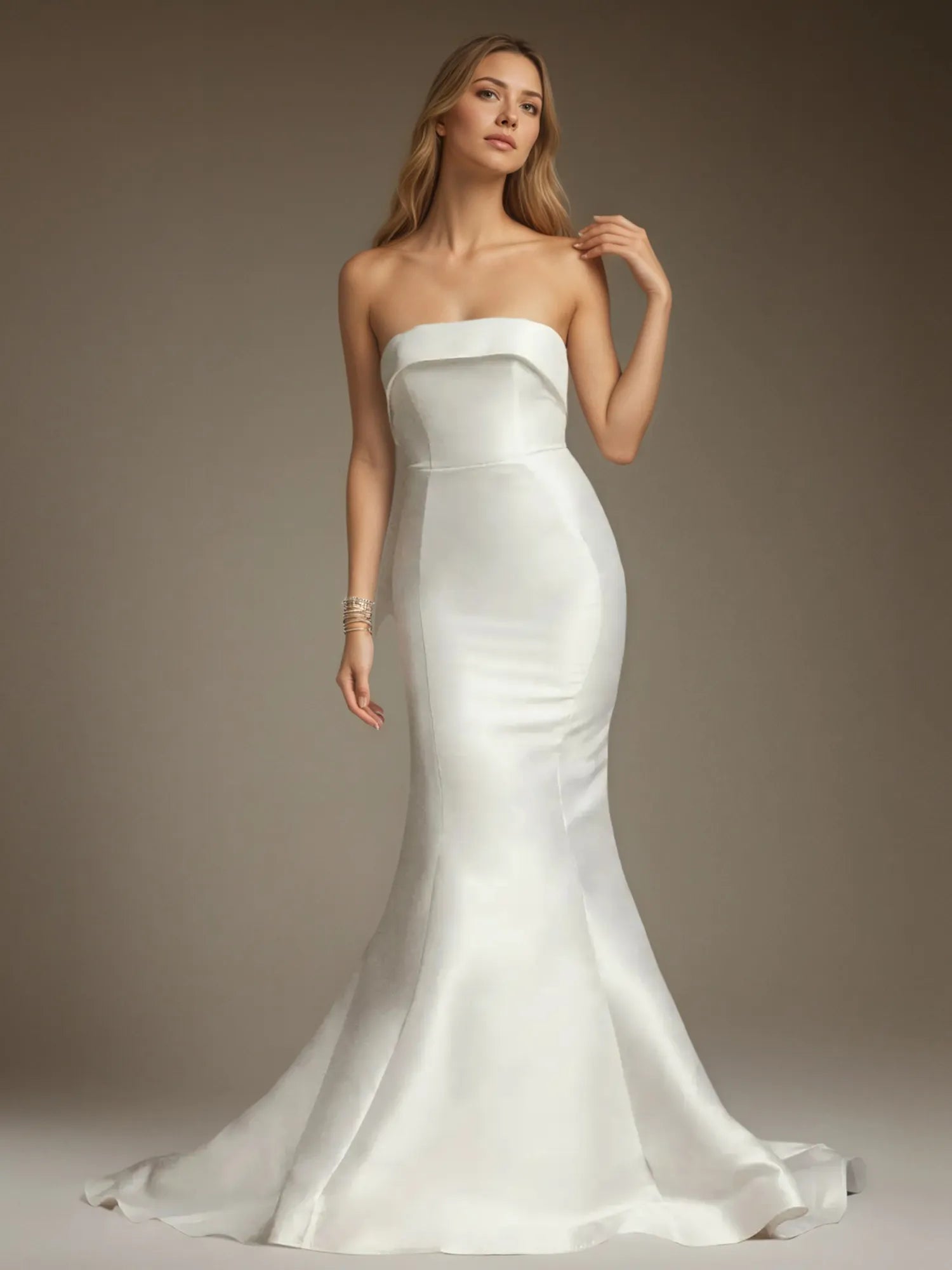 Vestido de novia blanco sirena sin tirantes con lazo