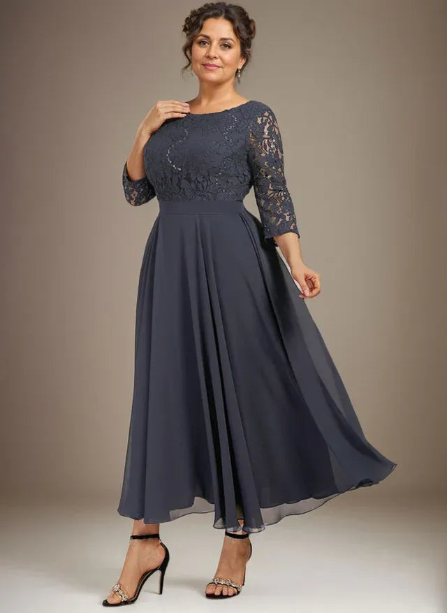 A-Linien Spitzen-Chiffon-Brautmutterkleid mit V-Ausschnitt, tea-length, mit Pailletten