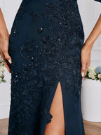 Sheath/Column Scoop Illusion Floor-Length Chiffon Lace Evening Dress With Pleated Sequins Beading