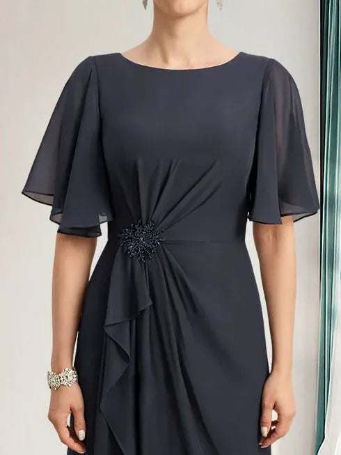 A-Linien Rundhals bodenlanges Chiffon Mutter der Braut Kleid mit kaskadierenden Rüschen Perlen Pailletten