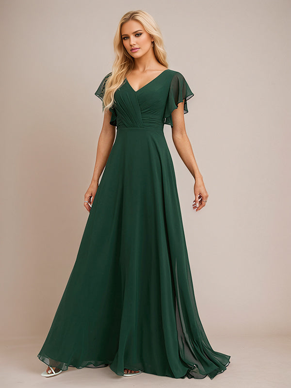 Dunkelgrünes A-Linien Chiffon Brautjungfernkleid mit V-Ausschnitt, bodenlang und Rüschen