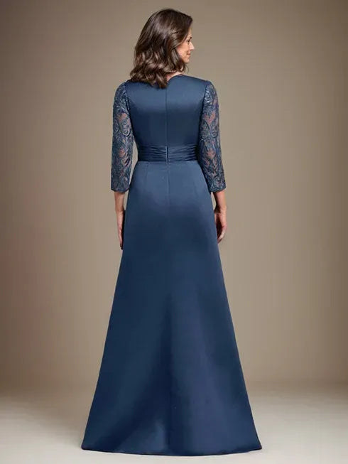 Vestido de madre de la novia largo hasta el suelo con encaje, satén, línea A, escote redondo y aplicaciones