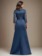 Vestido de madre de la novia largo hasta el suelo con encaje, satén, línea A, escote redondo y aplicaciones