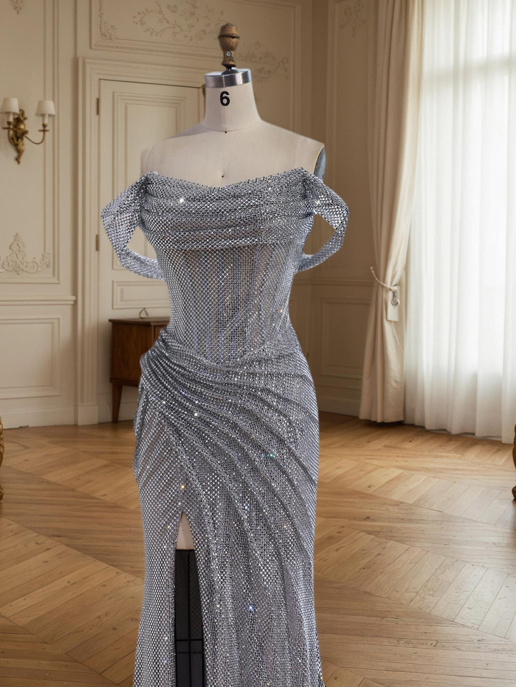 Sparkly Off-the-Shoulder Mesh Ruched Bodice Long Prom Dress with High Slit