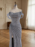 Sparkly Off-the-Shoulder Mesh Ruched Bodice Long Prom Dress with High Slit