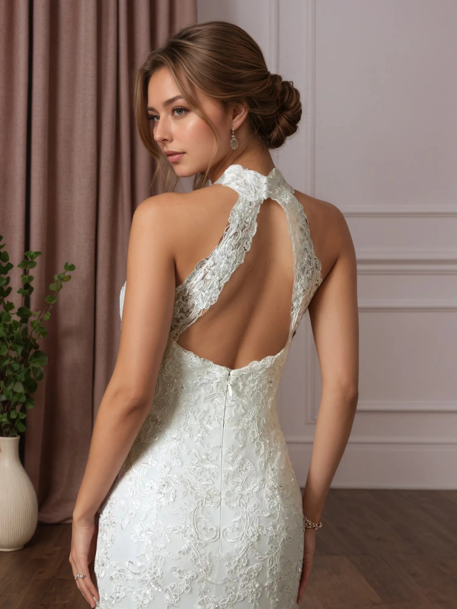 Abito da sposa bianco a tromba/sirena in pizzo plissettato