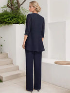 Conjunto de mono/pantalón con escote redondo, largo hasta el suelo, de gasa y encaje para madre de la novia con lentejuelas