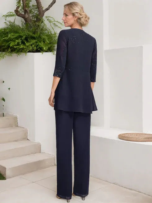 Conjunto de mono/pantalón con escote redondo, largo hasta el suelo, de gasa y encaje para madre de la novia con lentejuelas