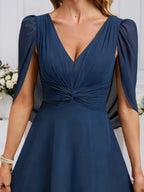 A-line V-Neck Floor-Length Chiffon Evening Dress With Cape Pleated