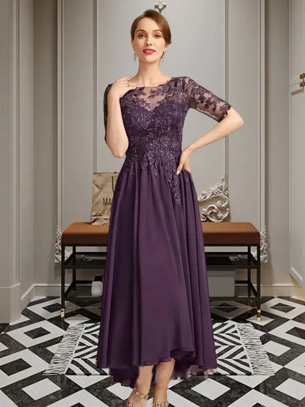 A-Linien Scoop-Ausschnitt Illusion asymmetrisches Chiffon-Spitzen-Mutter-der-Braut-Kleid mit Pailletten