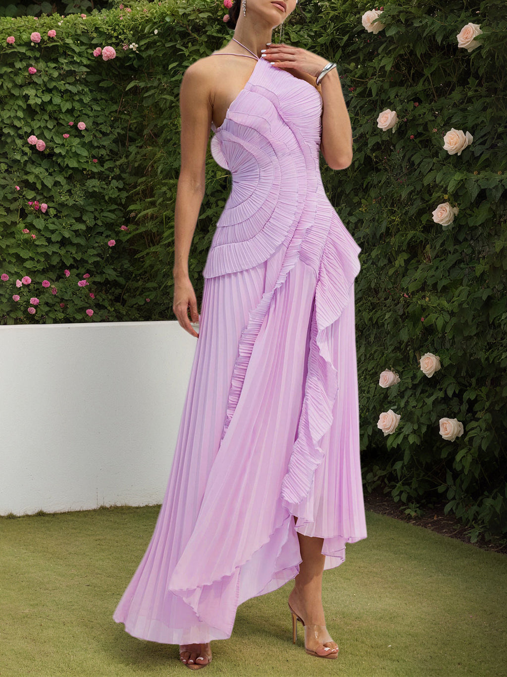 Purple Asymmetrical Pleated Halter Neck Midi Dress