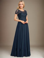 Robe de mère de la mariée en chiffon à coupe évasée, encolure arrondie, longueur au sol, avec appliques et sequins