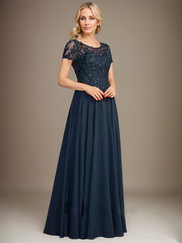 Robe de mère de la mariée en chiffon à coupe évasée, encolure arrondie, longueur au sol, avec appliques et sequins