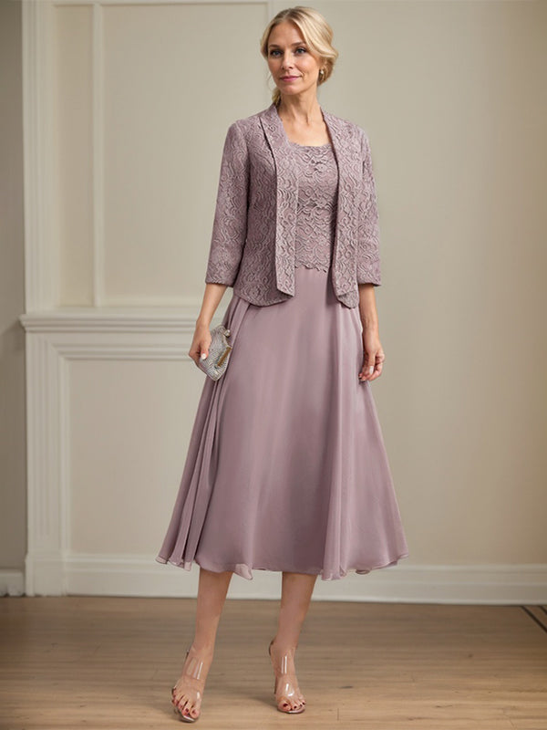 A-Linien Kleid mit Rundhalsausschnitt, tea-länge, Spitze und Chiffon, Mutter der Braut Kleid