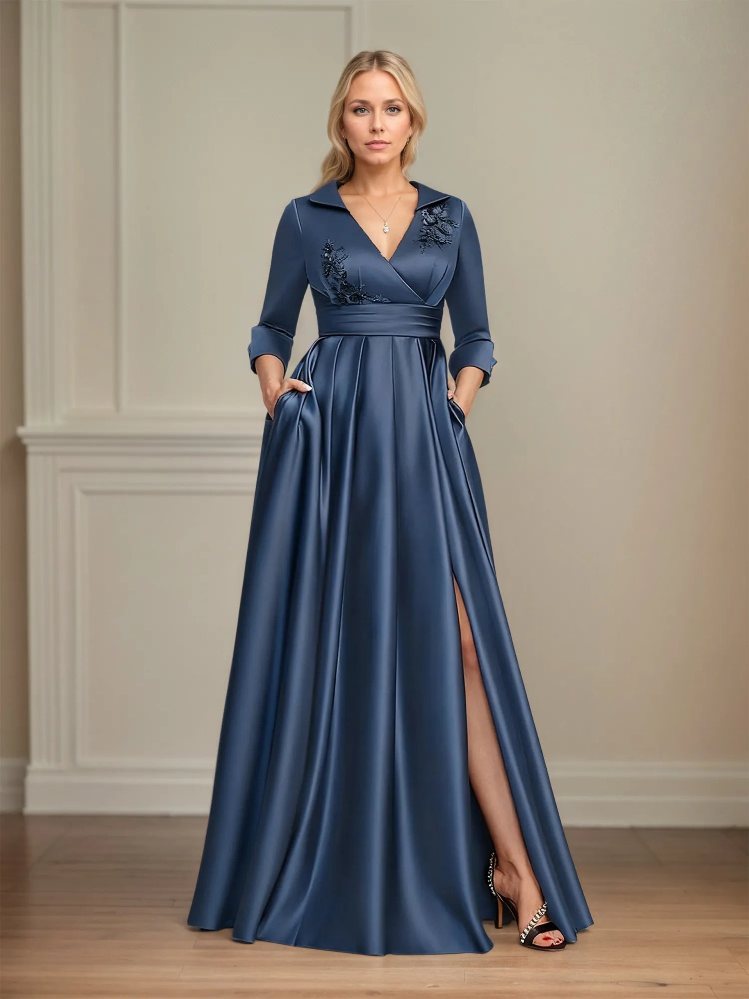 A-line V-Neck Collared Floor-Length Satin Mother of the Bride Dress With Beading 3D Floral Sequins Pleated