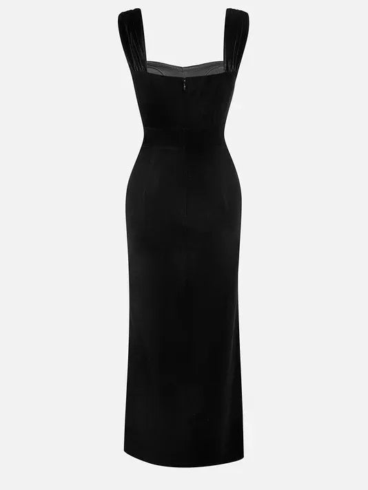 Schwarzes Spitzenkleid mit Schleife, ärmelloses Meerjungfrau-Maxikleid aus Samt