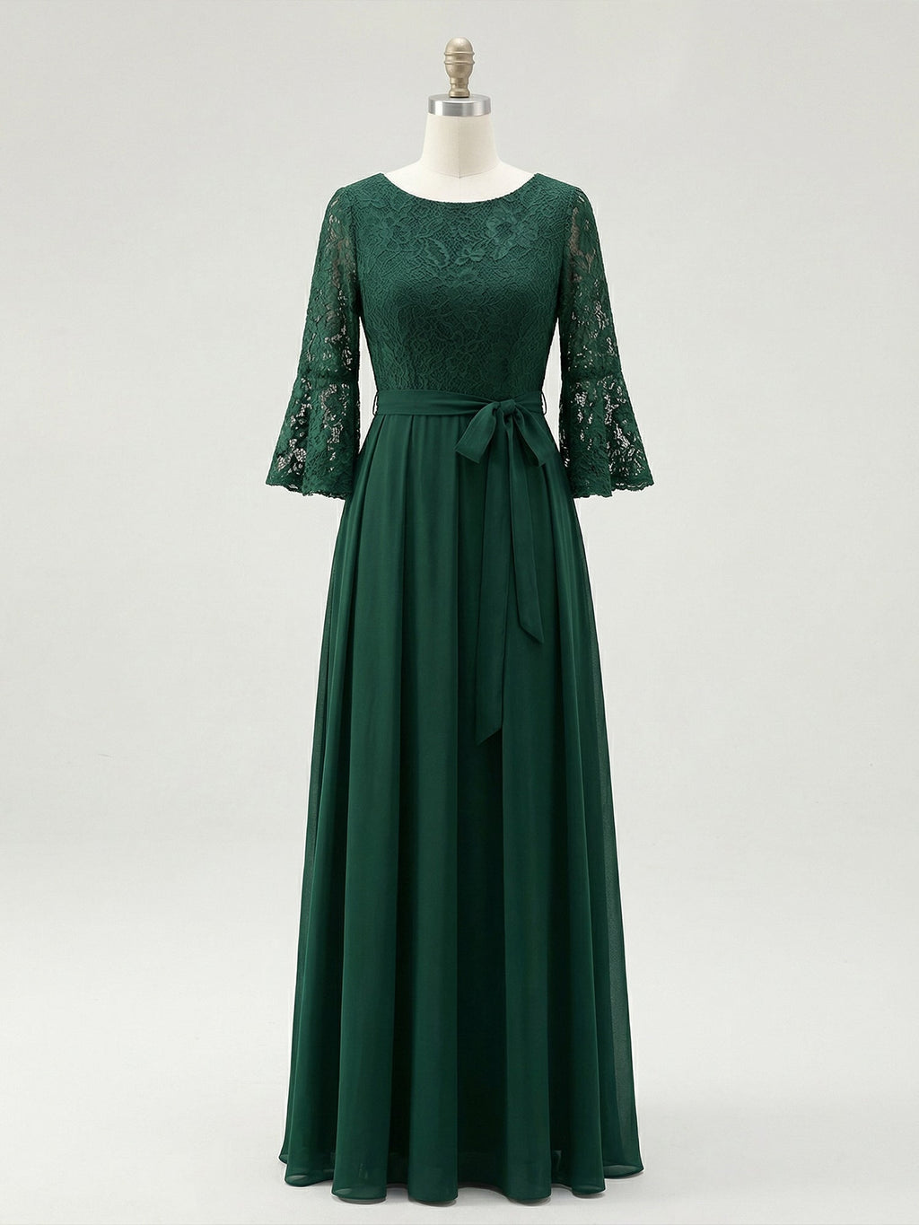 A-Linien Rundhals Knöchellanges Spitzenchiffon-Mutter-der-Braut-Kleid mit Schleife