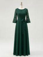 A-Linien Rundhals Knöchellanges Spitzenchiffon-Mutter-der-Braut-Kleid mit Schleife