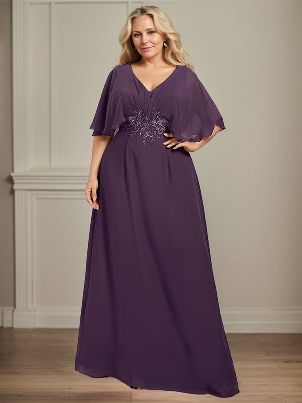 Vestido de madre de la novia en línea A de gasa con escote en V, largo hasta el suelo, con apliques plisados de lentejuelas y encaje