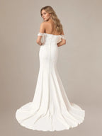 Vestido de novia blanco de sirena con lentejuelas y escote off the shoulder en crepé elástico