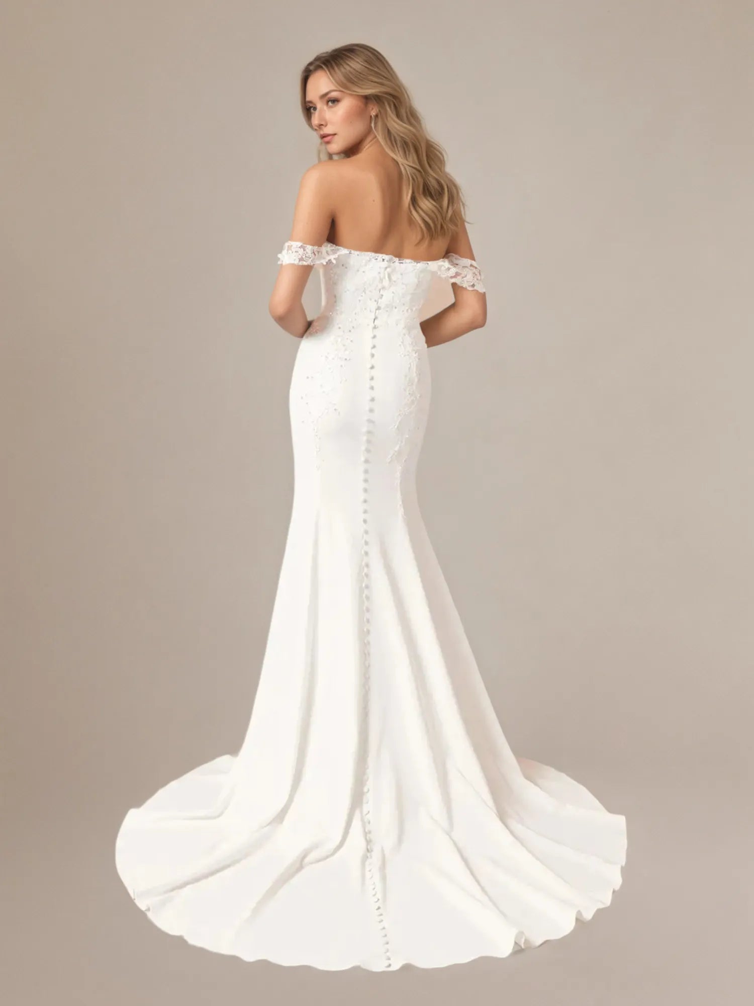 Vestido de novia blanco de sirena con lentejuelas y escote off the shoulder en crepé elástico
