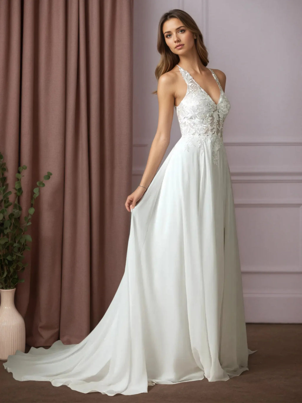 Vestido de novia blanco en línea A con encaje