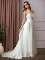 Vestido de novia blanco en línea A con encaje