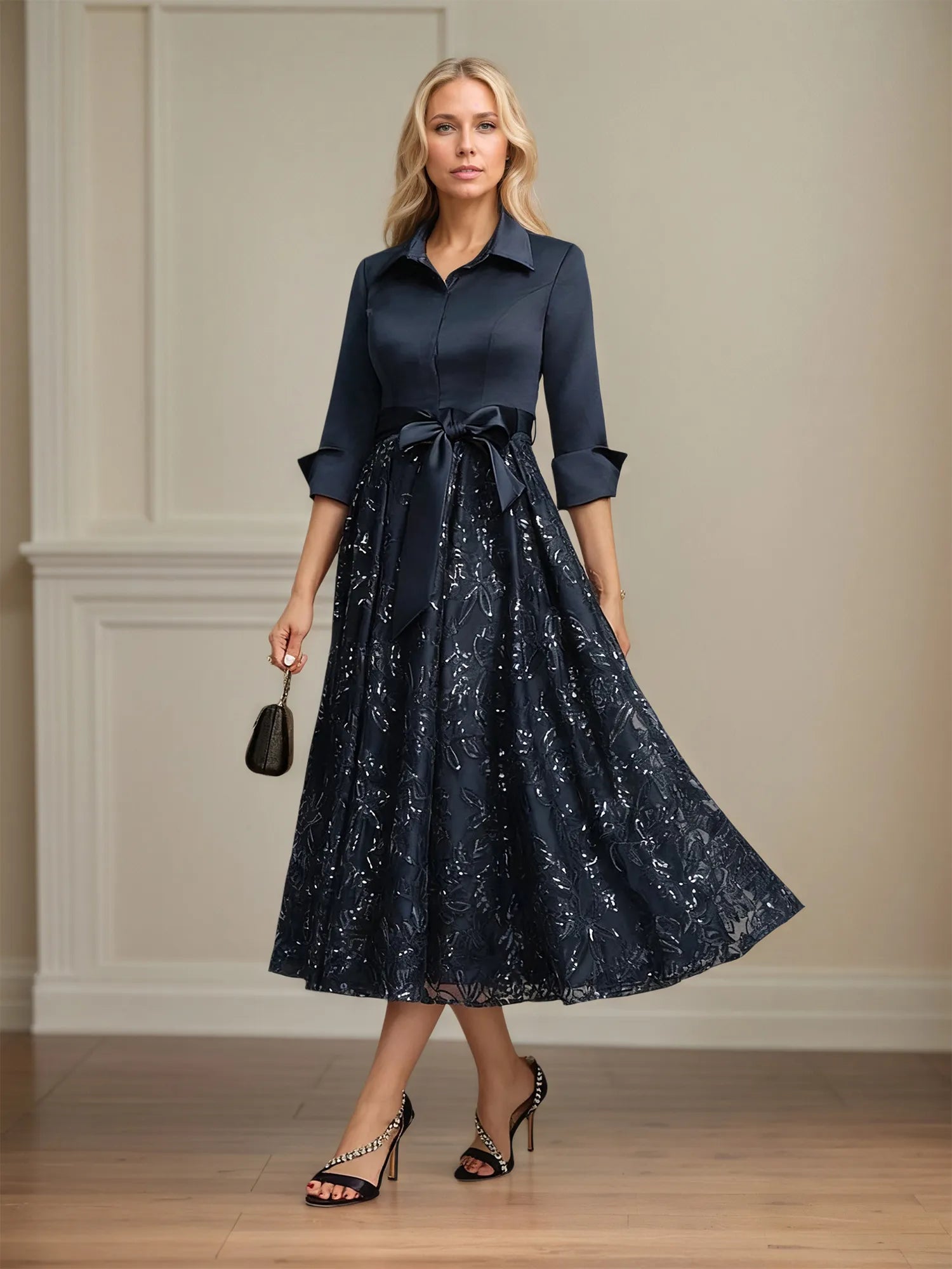 A-Linien-Mutter-der-Braut-Kleid mit Kragen, V-Ausschnitt, tea-length, Satin, Spitze, Pailletten und Schleife