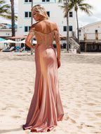 Champagne Mermaid Off the Shoulder Long Prom Dress With Beadings