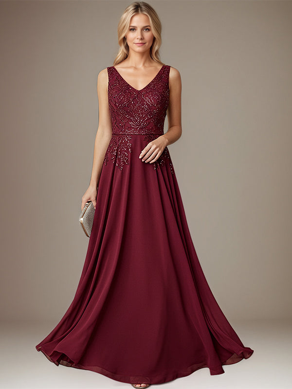 Bordeauxrotes A-Linien V-Ausschnitt Bodenlanges Spitzen-Chiffon Kleid für die Brautmutter