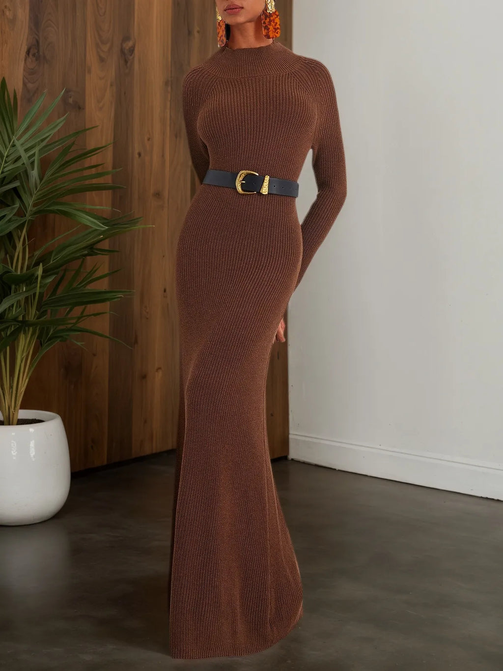 Robe pull longue en laine marron, ligne A, manches longues