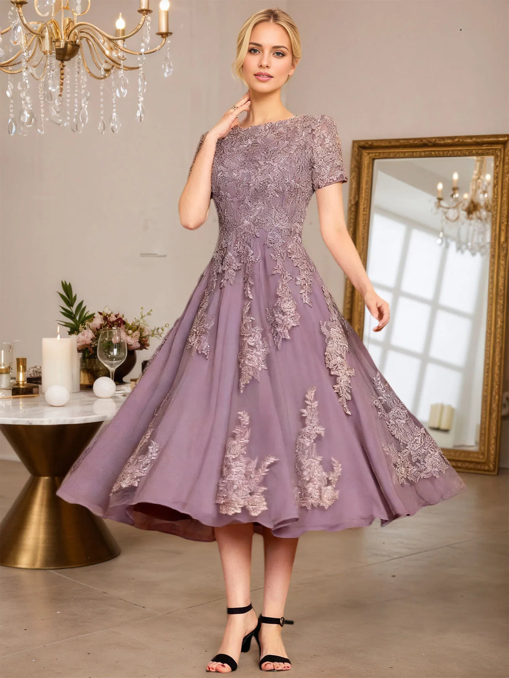 Abito da madre della sposa in chiffon a linea ad A, lunghezza tea, con scollo a U e applicazioni