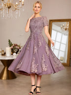 Abito da madre della sposa in chiffon a linea ad A, lunghezza tea, con scollo a U e applicazioni
