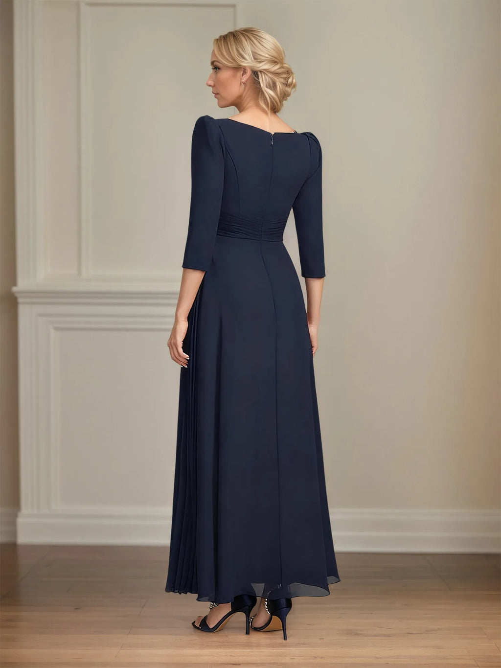 A-Linien Spitzen-Chiffon-Mutter-der-Braut-Kleid mit V-Ausschnitt, knöchellang und plissierten Pailletten