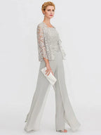 3 Piece Chiffon Square Neck Mother of the Bride Pantsuits with Jacket