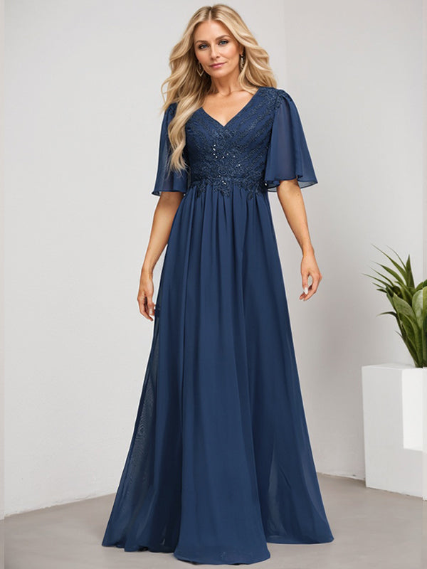 A-Linien V-Ausschnitt Bodenlanges Spitzen-Chiffon Kleid für die Brautmutter mit Pailletten