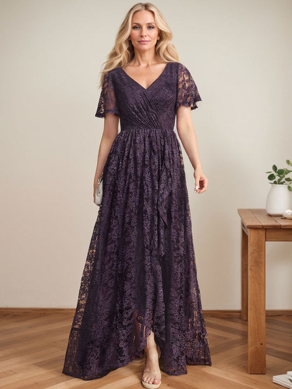Robe de mère de la mariée en dentelle asymétrique, coupe trapèze, col en V, avec volants en cascade
